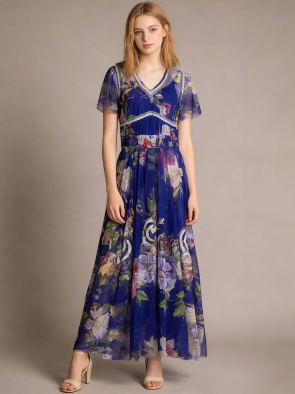 Johnny Was Biya Mazzini Sheer Mesh Tiered Dress Embroidered Beaded Size Large